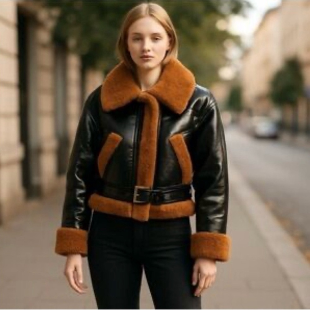 Blank NYC Faux Leather Shearling Trim Black brown Moto Women’s Jacket Size S NWT